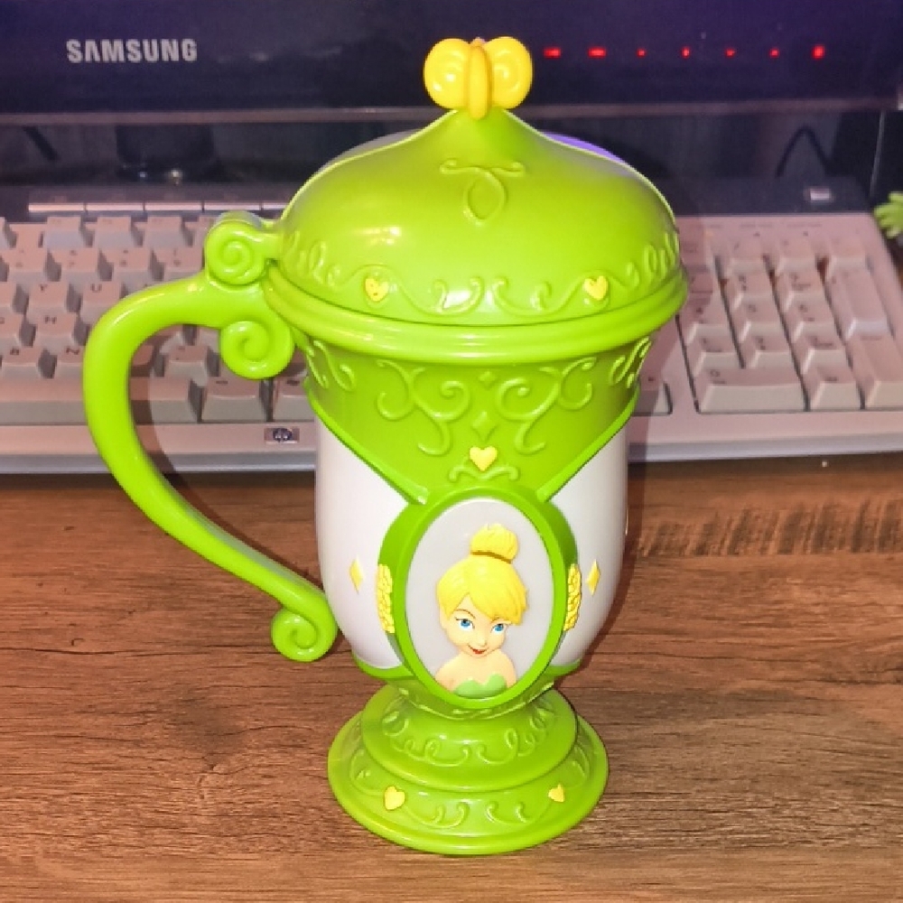 ✨ Rare Disney Tinker Bell Lidded Goblet Mug - Green & White 3D Pixie ✨
